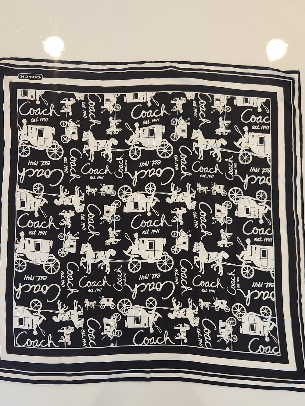 Coach Black and White Signature Carriage 100% Silk Scarf